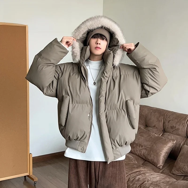 

Detachable Hooded Thiened PU Leather Cotton Jaet Men's Winter American ort Sle Loose Bread Coat Fur Collar Cotton Out...