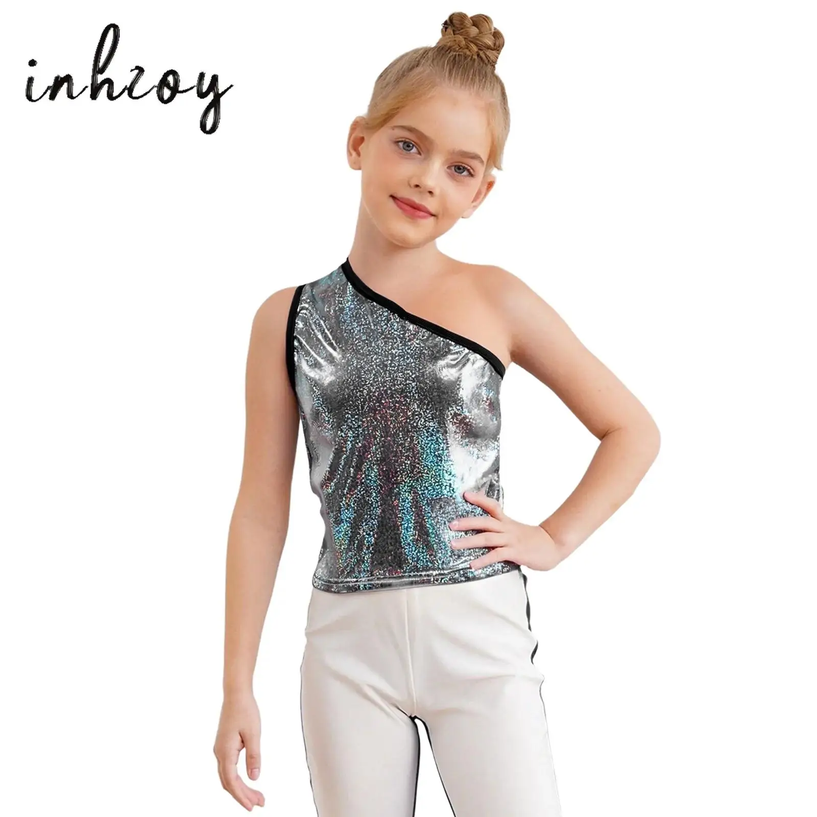 

Kids Girls Cheerleading Dance Top Shiny Metallic Dots Vest One Shoulder Sleeveless Tank Top Jazz Dance Stage Performance Costume