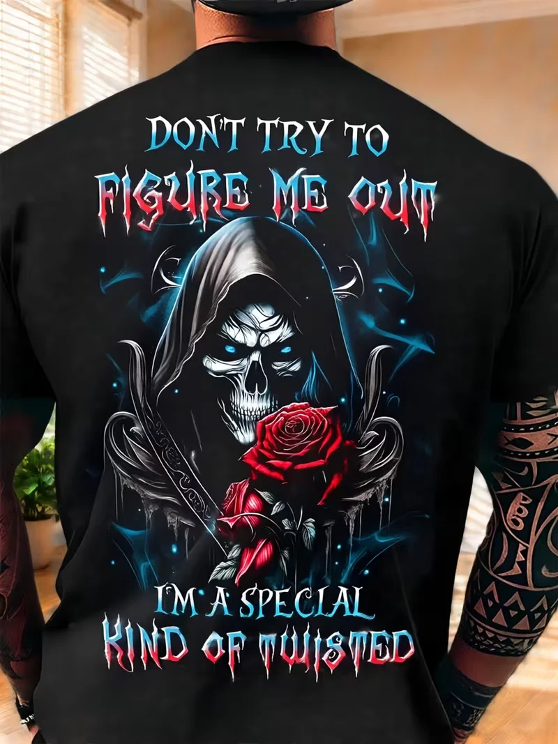 Mens T-shirt back print grim reaper skull red rose gradient letter graphic short sleeve crew neck goth street wear top
