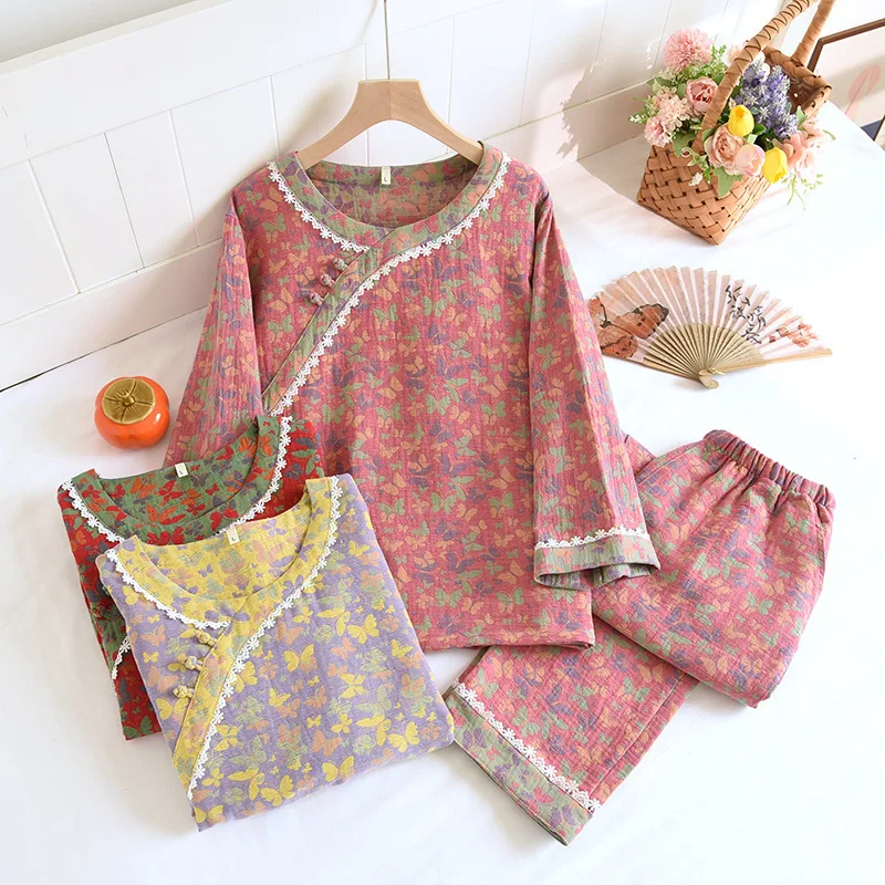 Autumn New Two Piece Sleepwear Women's Home Clothes Pyjama Pure Cotton Double Layer Gauze Pajama Set For Women Nightwear Nightie