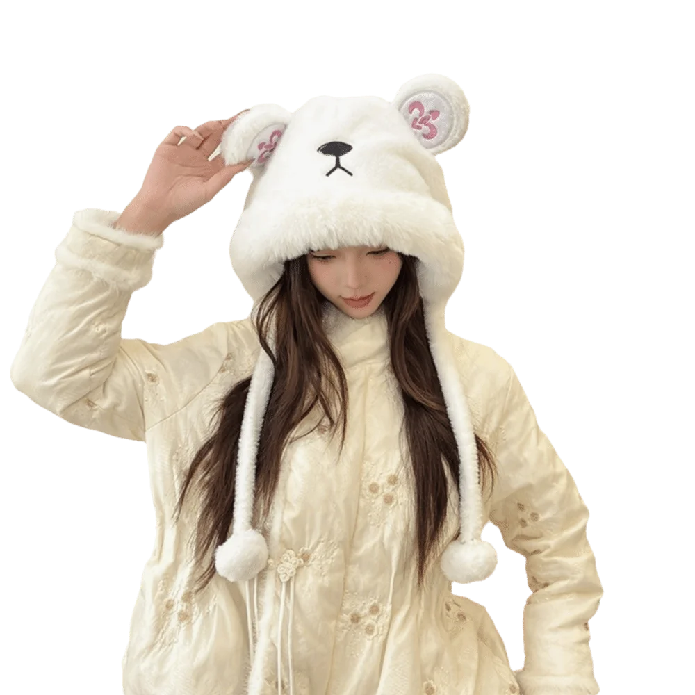 

Casual Winter Warm Hat Thickened Windproof Bucket Hat Keep Warm Bear Ear Embroidery Beanies Cap Outdoor