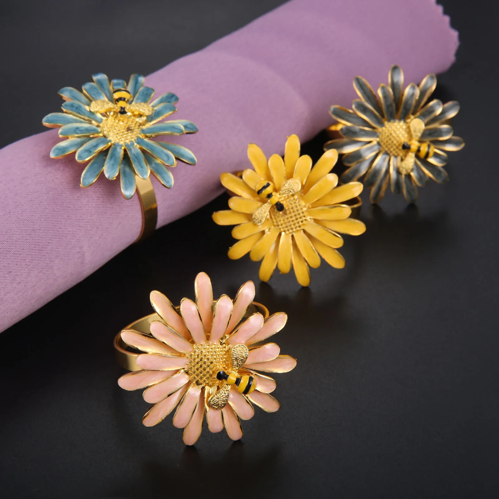 4x Beautiful Colorful Delicate Napkin Rings Napkin Buckles Bee Flowers Shape Design Zinc Alloy For Dining Table Banquets