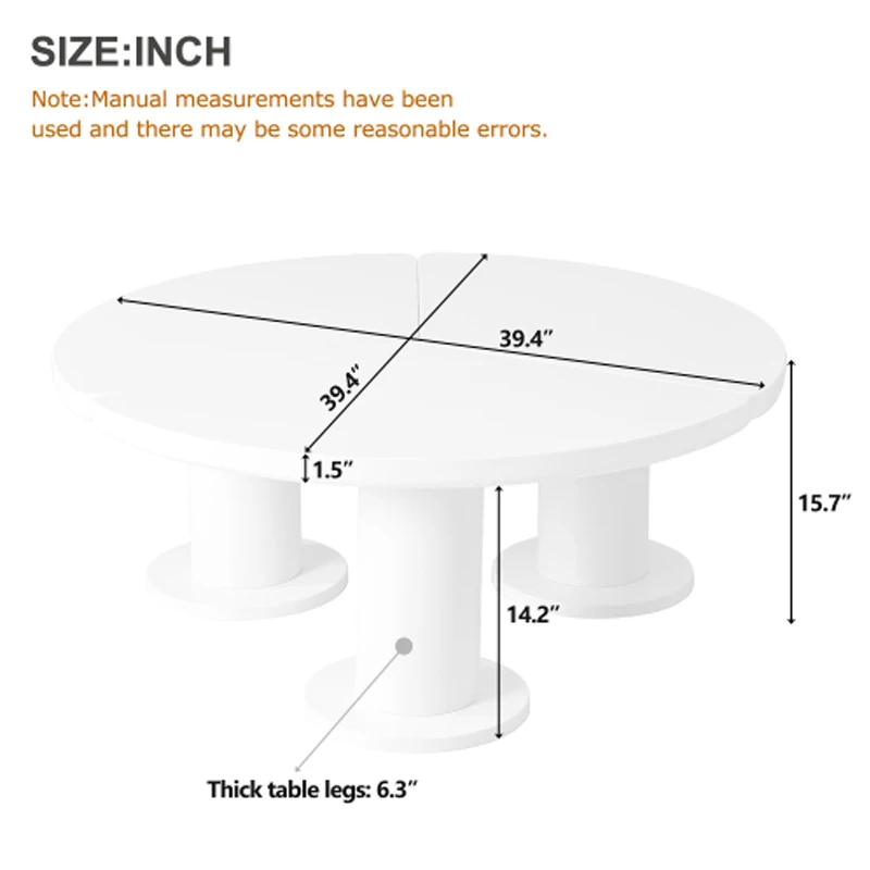 Table basse ronde en forme de pétale, table centrale de style crème avec 3 pieds d'optique, blanc, à la mode, en effet, assemblage facile, Φ 39.4