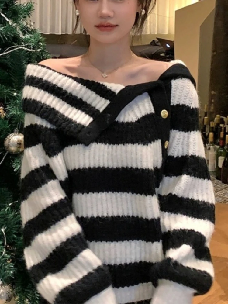 Koreanische Mode Vintage Off Schulter Gestreiften Stricken Pullover Frauen Lose Slash Neck Button Design Gemütliche Chunky Elegante Pullover Tops