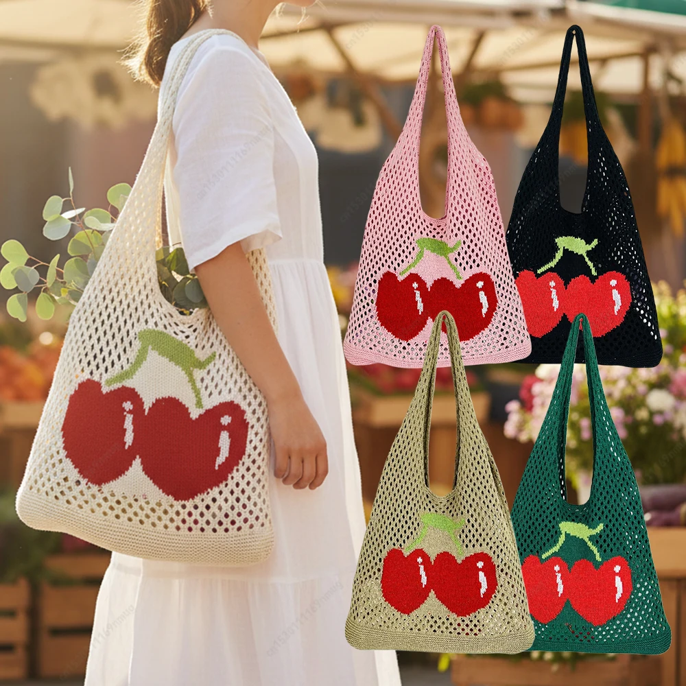 

Women Crochet Tote Handbag Cherry Printed Knitting Shoulder Bag Large Capacity Travel Shopping Handbag Female Holiday Bag