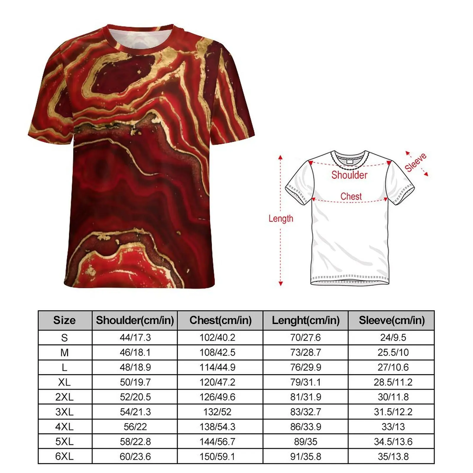 Original T-Shirt Red And Gold Liquid T Shirts Marble Abstract Kawaii Cool Tees For Man Short Sleeves Design Oversized Tops