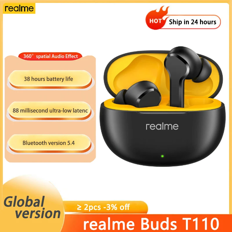 New realme Buds T110 Global Version TWS Wireless Earphone AI ENC Bluetooth 5.4 38 Hours Battery Life IPX5 Waterproof Headphone