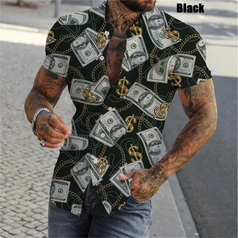 

Dollar Pattern Hawalian Shirt For Men Money Gold 3D Printed Blouses Summer Casual Street Short Sleeve Lapel Tops Aloha Shirts