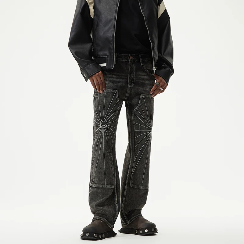 

Loose Straight Leg Men's Denim Workwear Pants Spider Web Stripe Embroidery Casual Cotton Polyester Blend Autumn Season