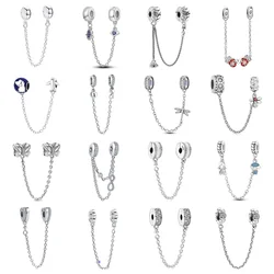 New 2024 Hot Sale 925 Plated Silver Moon Star Love Safety Chains Spacer Bead Charm Fit Original Bracelet For Women DIY Jewelry