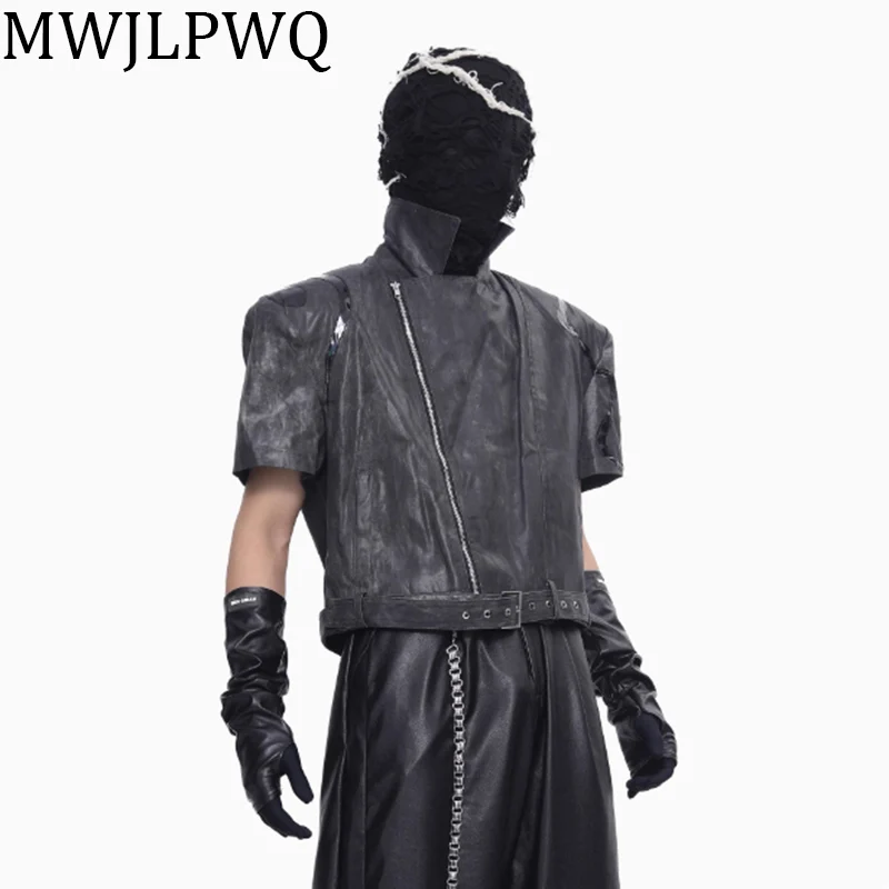 

MWJLPWQ Function Snake Short Leather Jacket Male Sets High Street Darkly Side Pocket Niche Design Wide Leg Pants Summer 010831