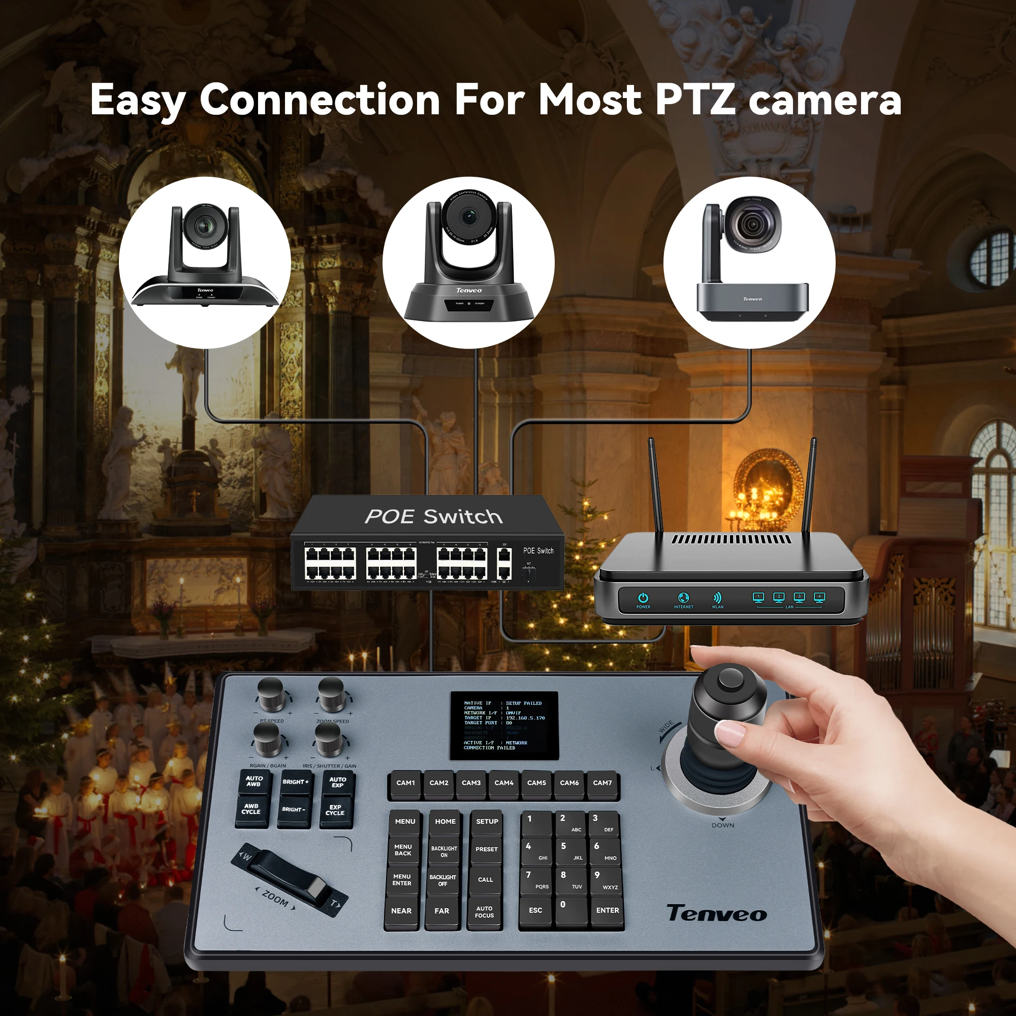 High Quality 12X Zoom 4K Live Streaming PTZ Camera With 4D Joystick NDI Controller For Conference System