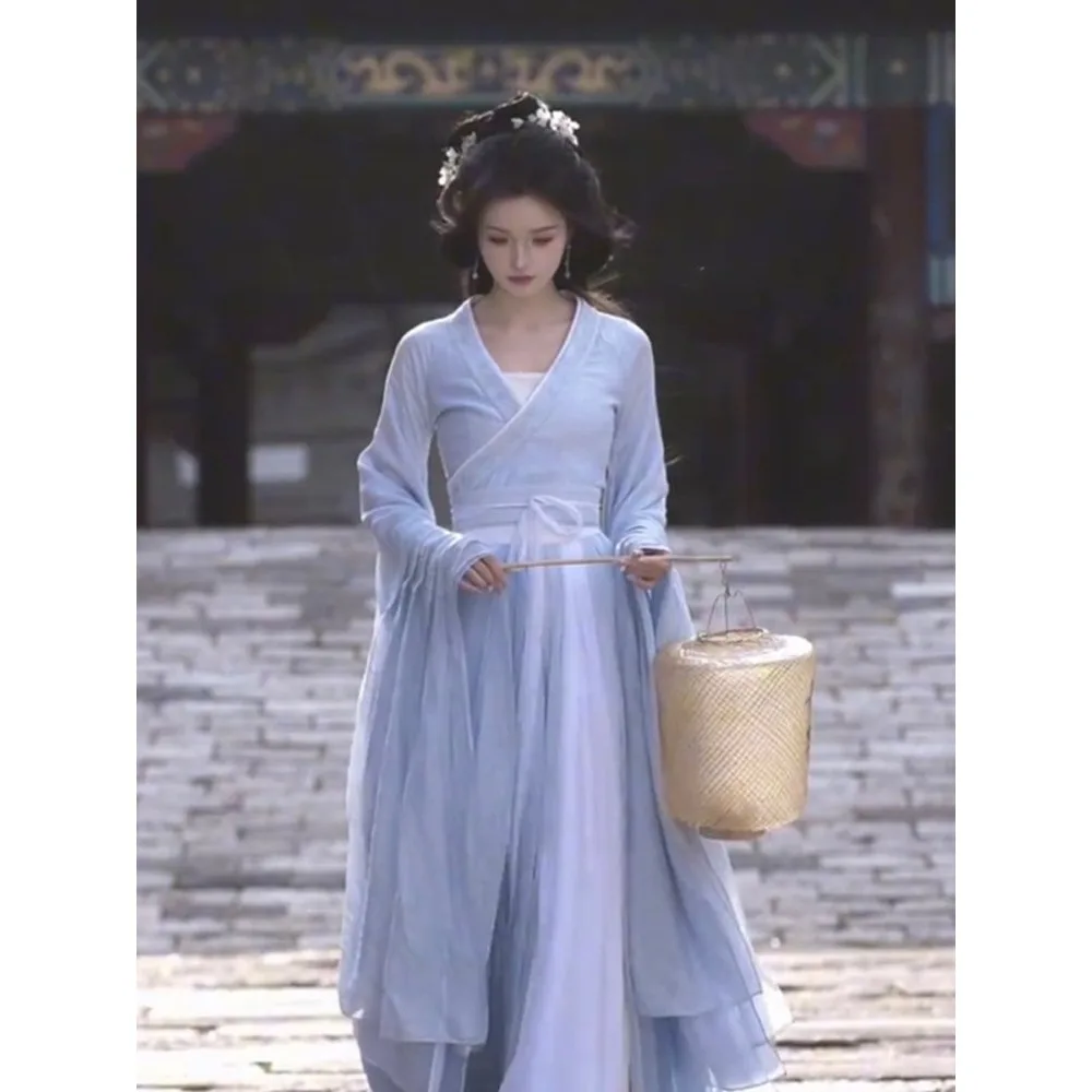 

New Modified Blue Warring States Hanfu Cross Collar Wide Sleeve Cool Ancient Style Set