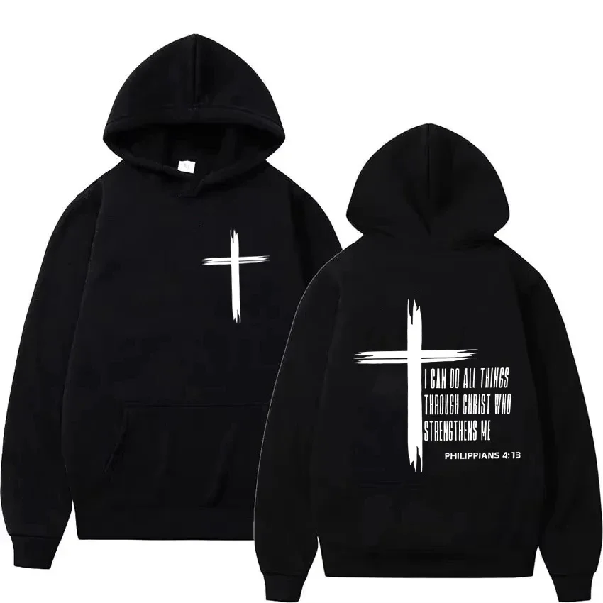 Men's Hoodie with Religious Cross and Motivational Text Prints Pullover Style Autumn Fashion Hooded Hoodie Casual Hoodie Unisex