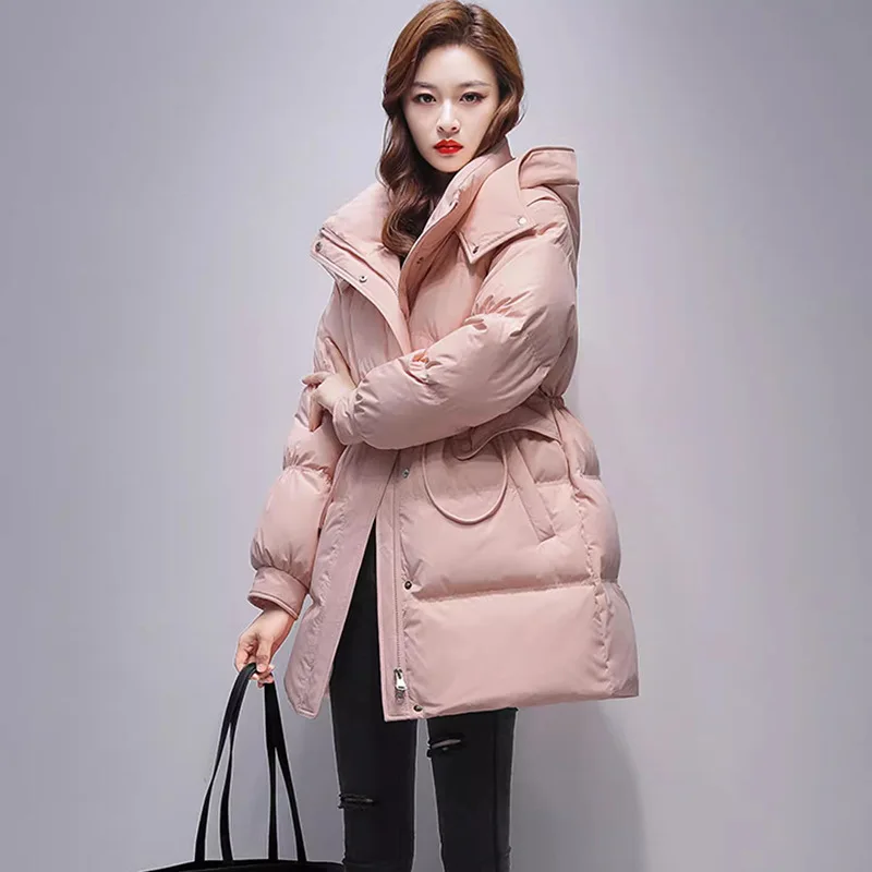 الشتاء الدافئة سترة منفوخة المرأة الرباط الأبيض بطة أسفل معطف طويل الأكمام أعلى يندبروف مقاومة البرد خندق معطف سميك