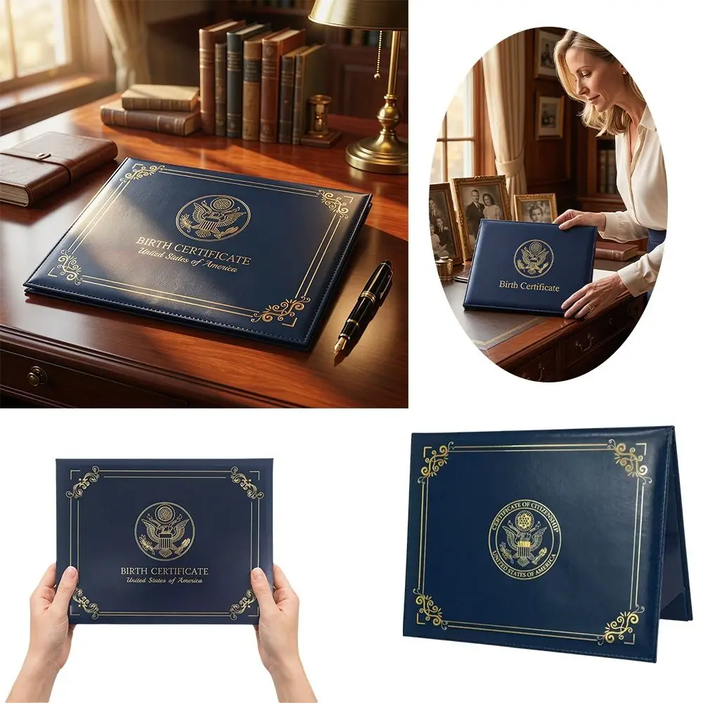 Waterproof US Birth Certificate Holder Baby Shower Gift Premium PU Leather Birth Certificate Protector Sleeve Anti-Scratch