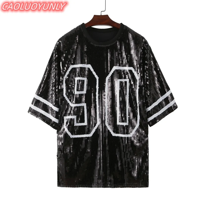 Spring New High Quality Streetwear Sequins Letter Number Short Sleeve T-Shirt Hip Hop Round Neck Straight Loose Women' Wears