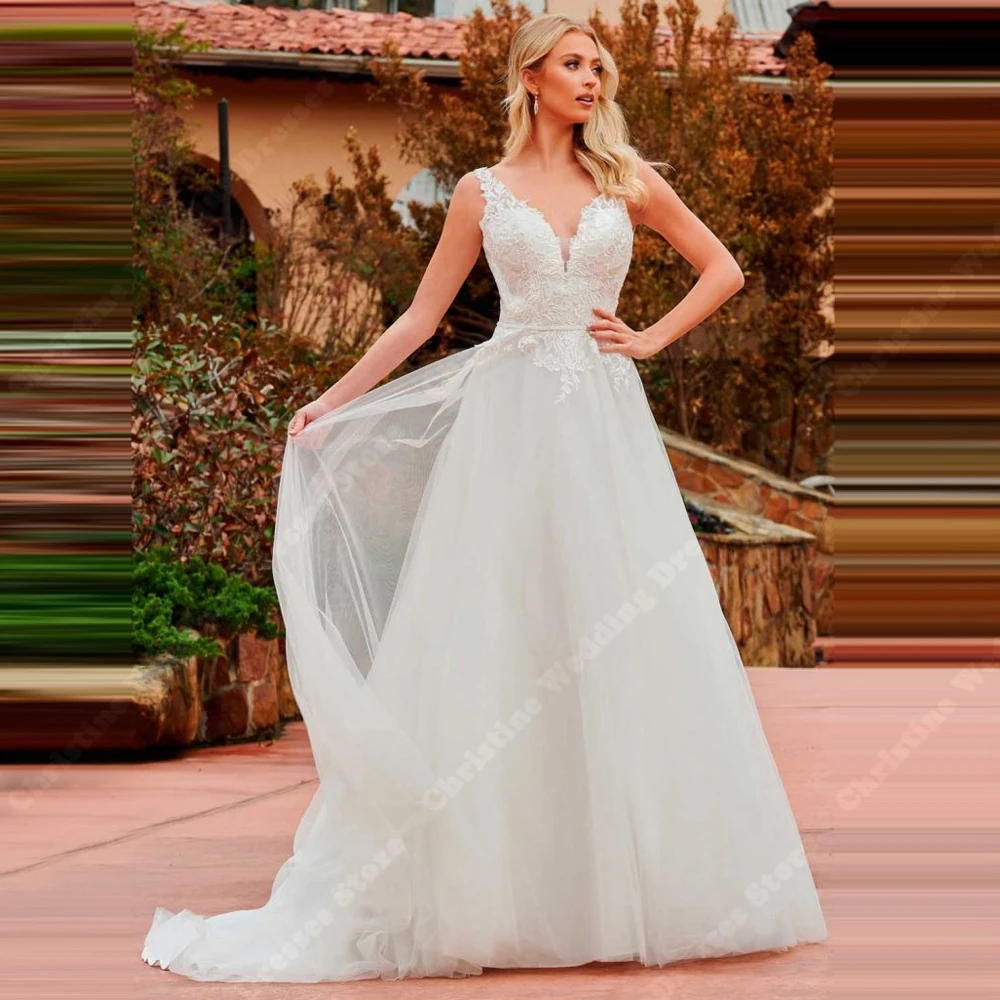 

Elegant V-Neck Women Wedding Dresses Sexy Sleeveless A-Line Bride Gowns Floor Mopping Banquet Vestidos De Novias 2025 Customized