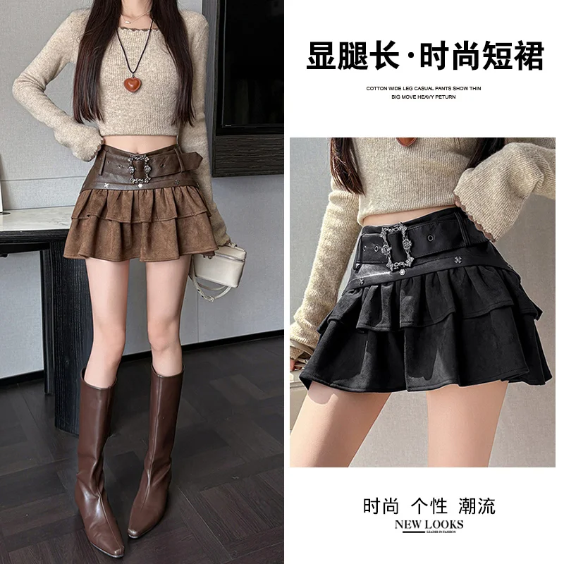 2026 American Y2K Mini Skirt PU Leather Spliced Suede Cake Skirt Women High Waist Skort Hot Girl Pure Desire Skirt