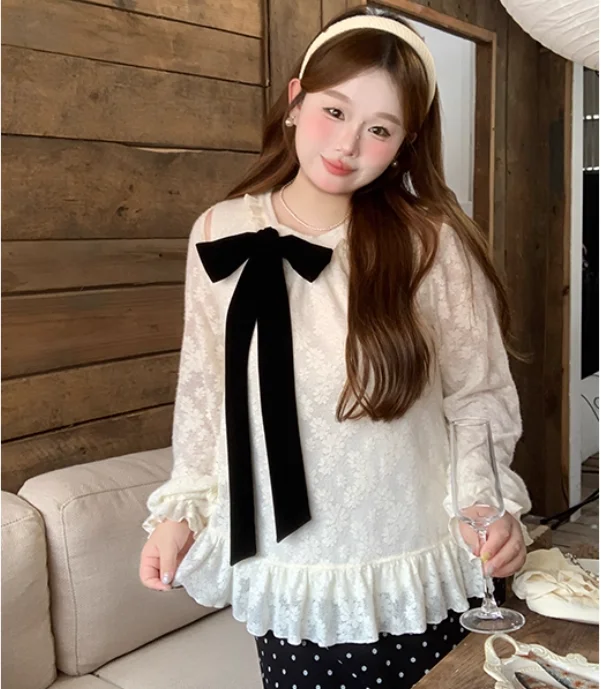 Large Size Women Beige Early Autumn New Elegant Lace Chiffon Shirt Fashion Versatile Age-reducing Bow Loose Long-sleeved Top