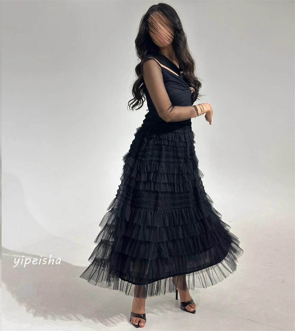 Tulle Draped Plissado Homecoming Vestidos Midi, V-Neck Vestido, camadas camadas, Ocasião Bespoke