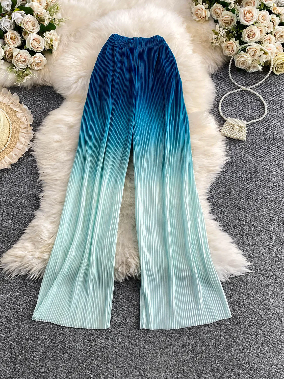 Elegant High Waist Pleated Straight Leg Pants Women's Spring Autumn High Elasticity Wide Leg Long Trousers Fashion Gradient C...