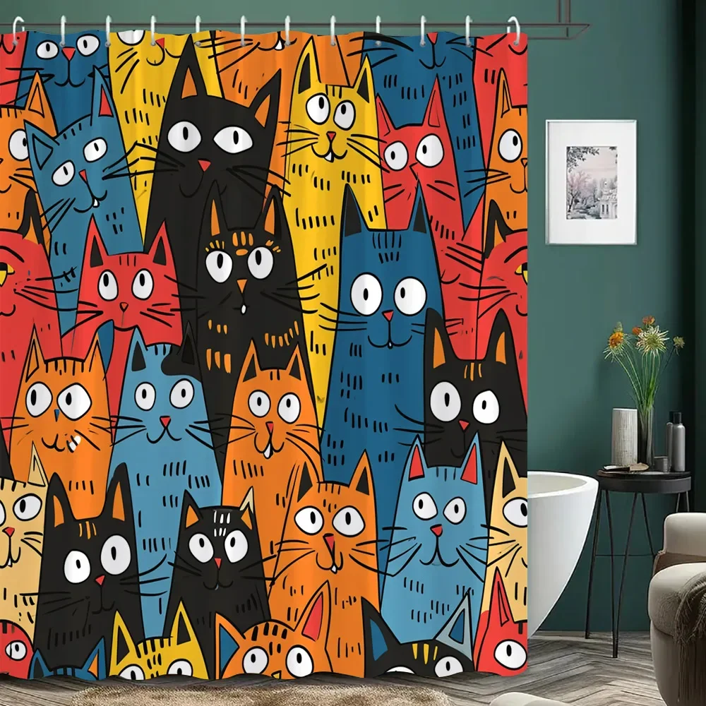 Cartoon Cat Shower Curtain Black and White Line Cat Colourful Footprints Polyester Fabric Home Shower Curtains Bathroom Decor