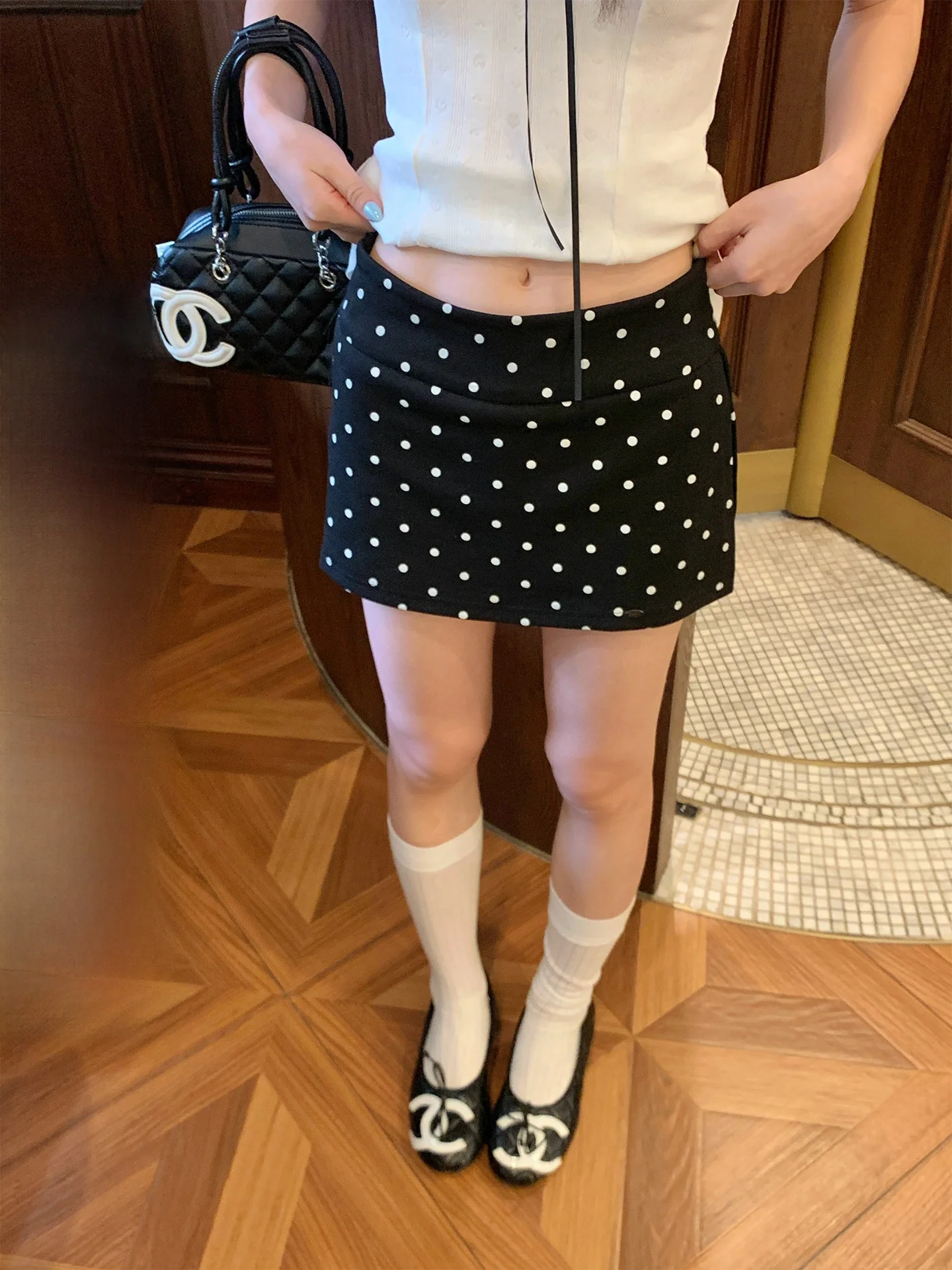

High Waist A-Line Skirt Women's Summer New Black Polka Dot Anti-Light Small Size Half Body Skirt Suits Ladies