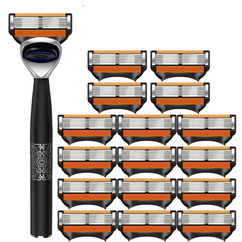 شفرات بديلة فائقة الدقة مكونة من 6 طبقات ماكينة حلاقة يدوية للرجال من الفولاذ المقاوم للصدأ ماكينة حلاقة آمنة غير قابلة للانزلاق وقبضة تشذيب اللحية #1