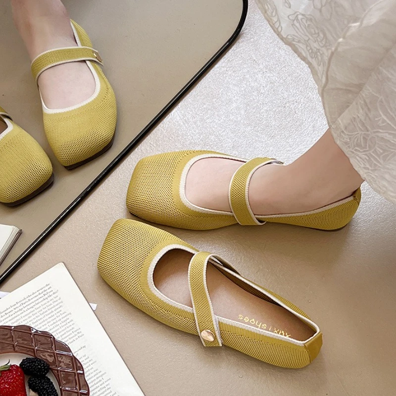 

Женские туфли на плоской подошве для отдыха, весенне-осенние туфли Мэри Джейн с квадратным носком, дышащая трикотажная ткань, женские повседневные прогулочные туфли на плоской подошве для вождения