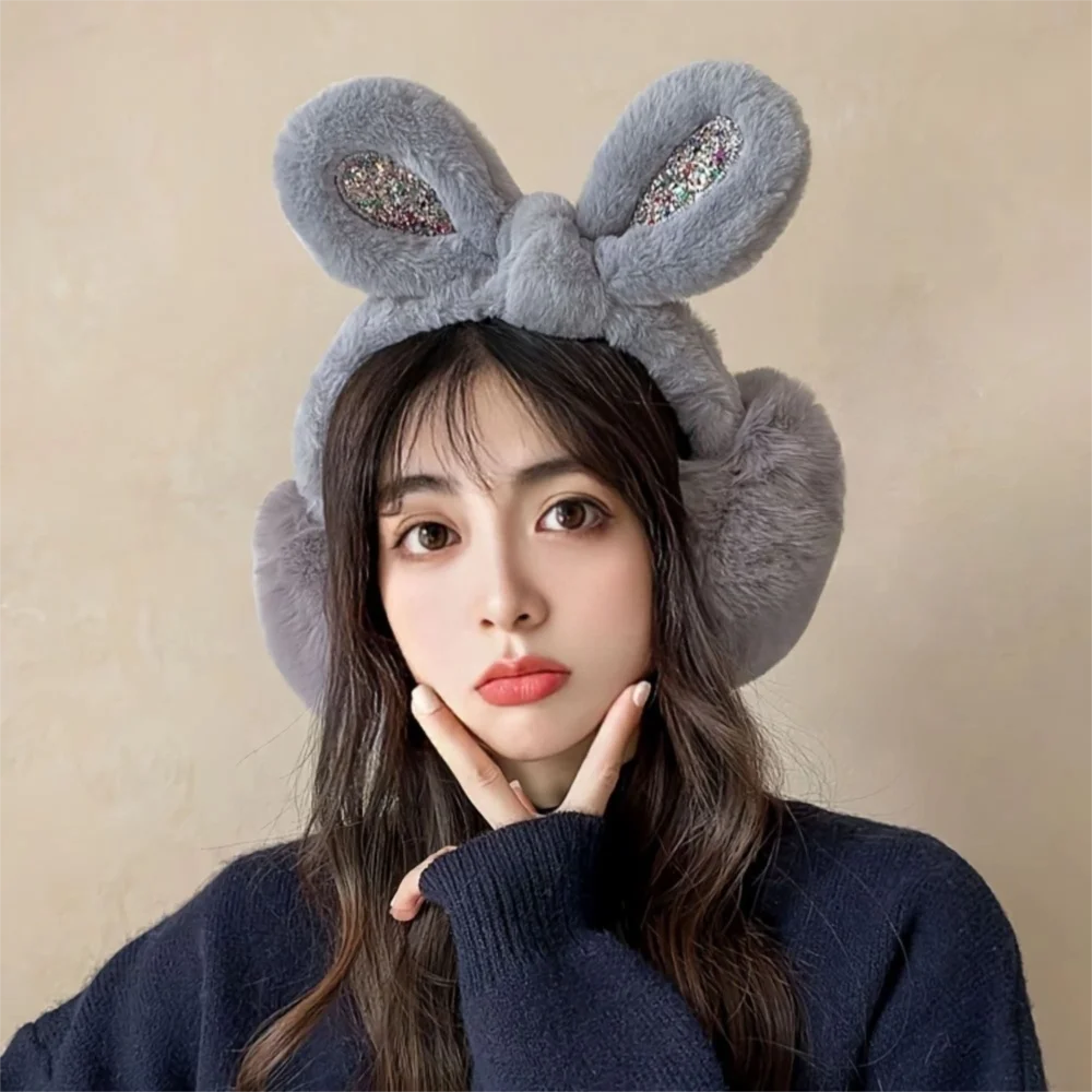귀여운 플러시 스팽글 토끼 귀 귀마개 동파 방지 접이식 귀 따뜻하게 유지 여성용 두꺼운 귀 덮개
