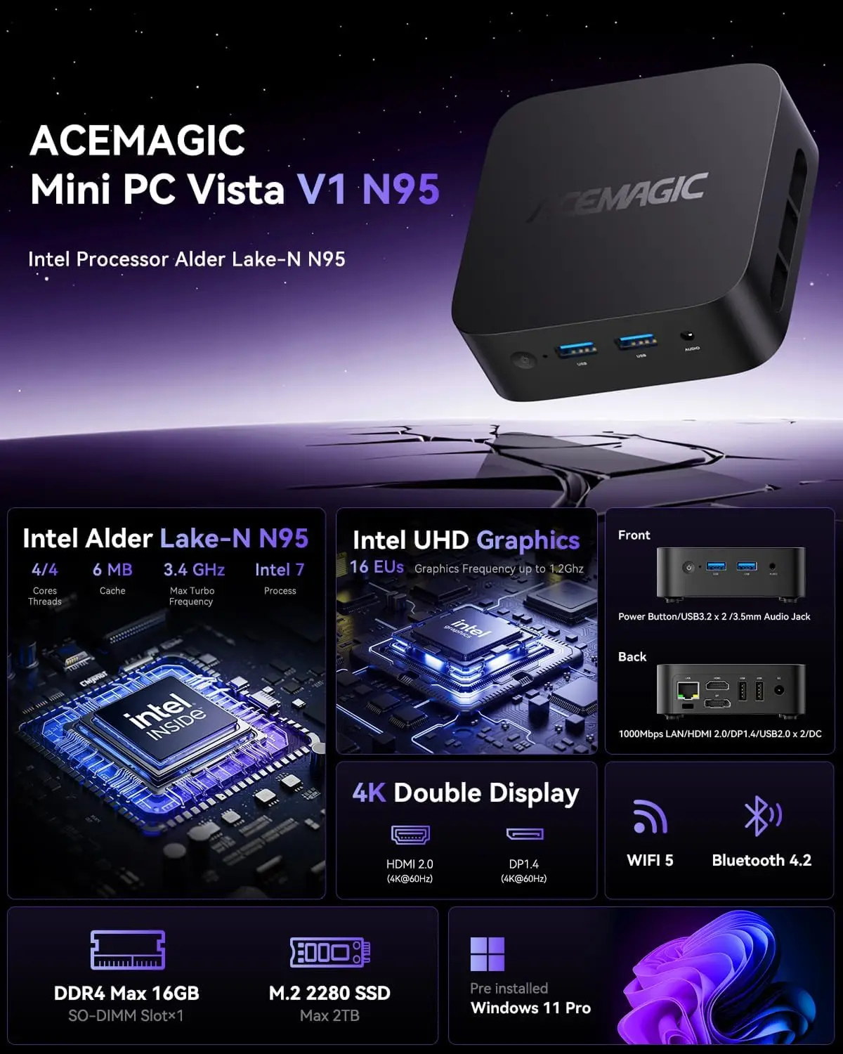 ACEMAGIC V1 Mini PC Intel Alder Lake-N95 (4C/4T tot 3,4GHz) 16GB DDR4 512GB M.2 SSD Micro Computer Desktop PC Mini Computer