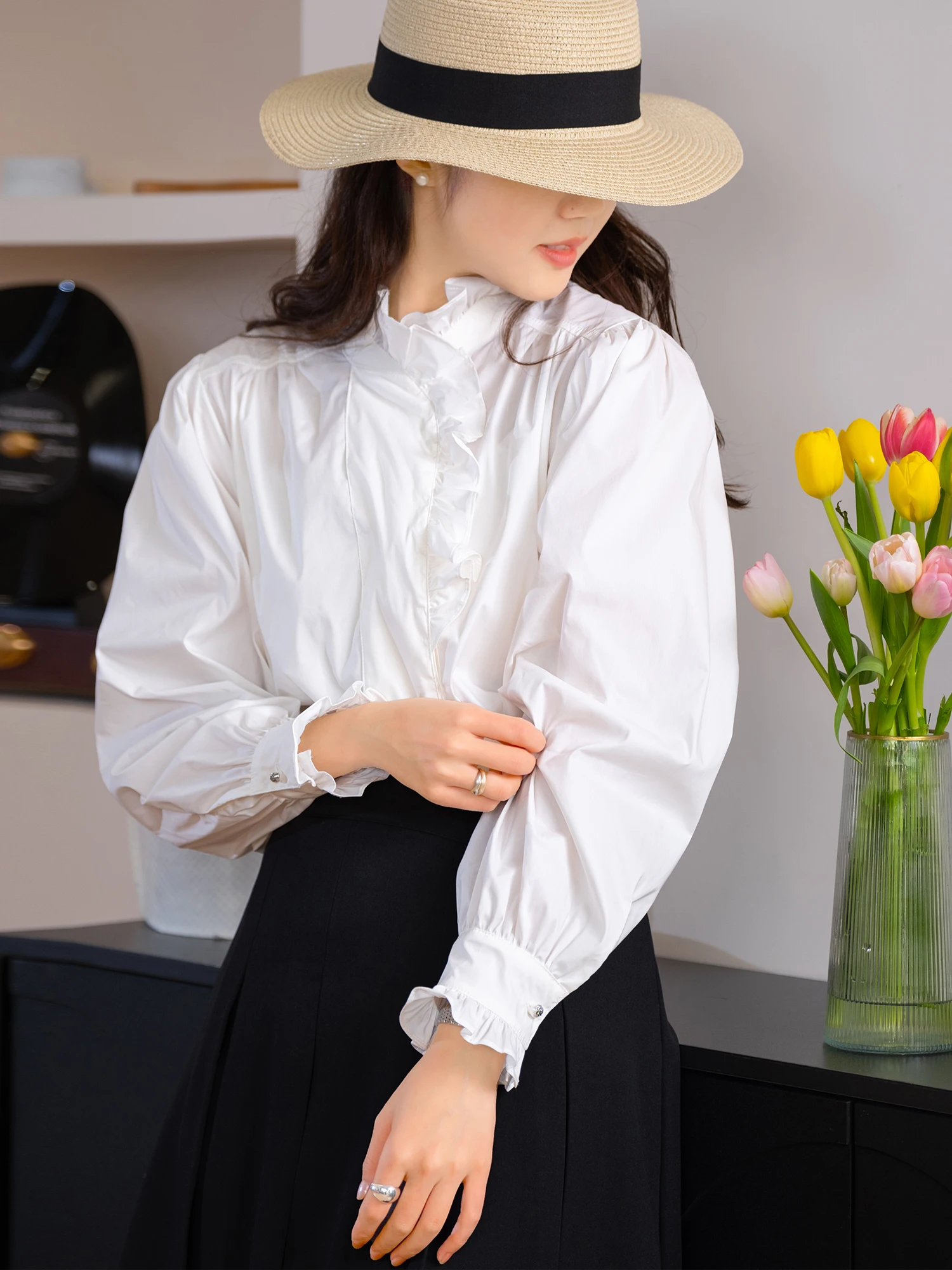 

Retro Cotton Shirt with Wood Grain Patchwork Sleeve Design Loose Fit Court Style Women's Casual Long Sleeve Shirt