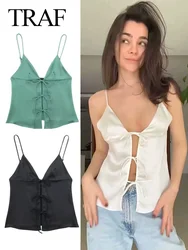TRAFZA Women's Chic Bow Decorated Silk Satin Textured Top Sexy V-Neck Solid Color Satin Women's Camisole Sleeveless Summer Top