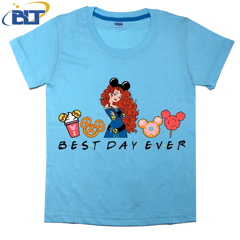 Best Day Ever Princess Merida Disney Snacks Printed Kids Clothing Kids T-shirt Cotton Short Sleeve Cartoon Top