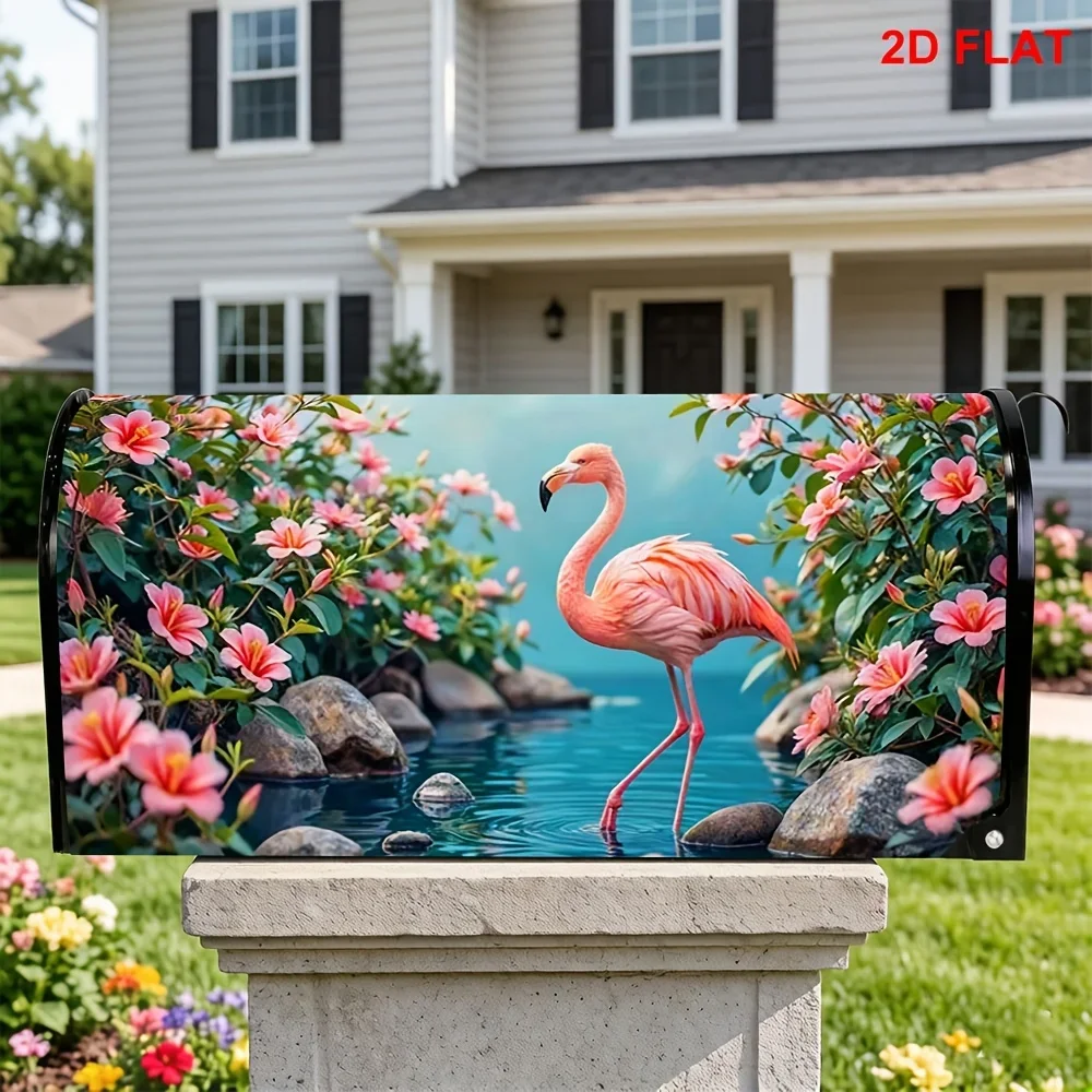 1 unidad de cubierta para buzón con diseño de flamencos, flores tropicales y estanque, ideal para decorar buzones en exteriores, tanto en patios como en jardines.