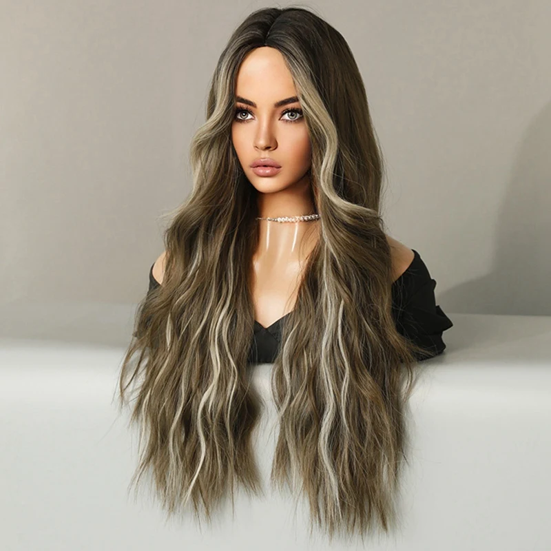 Female Long Curly Hair Center Parted Wig Bangs Water Ripple Chemical Fiber Wig Wig image 4