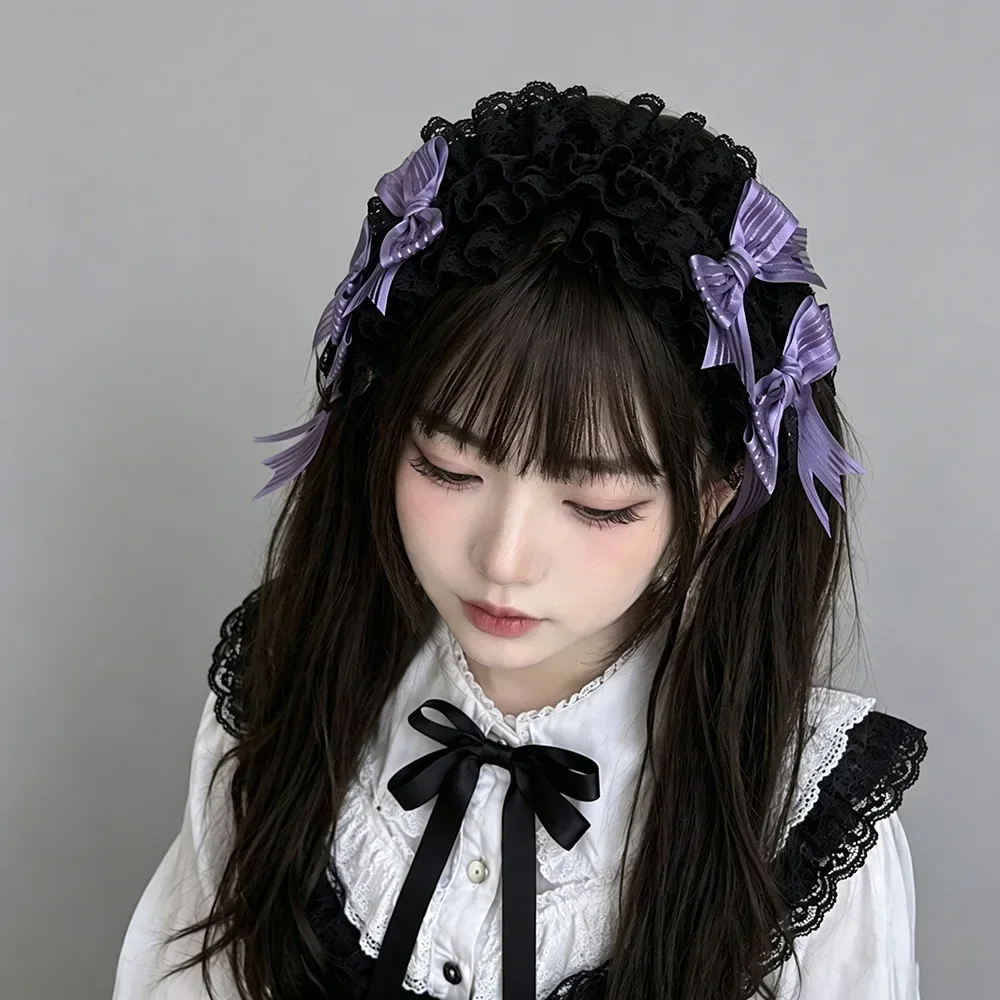 Gothic Lolita Lace Headdress, Black Purple Multi-Layer Ruffled Lace Bow Headband, Dark Sweet Lolita Hair Accessory