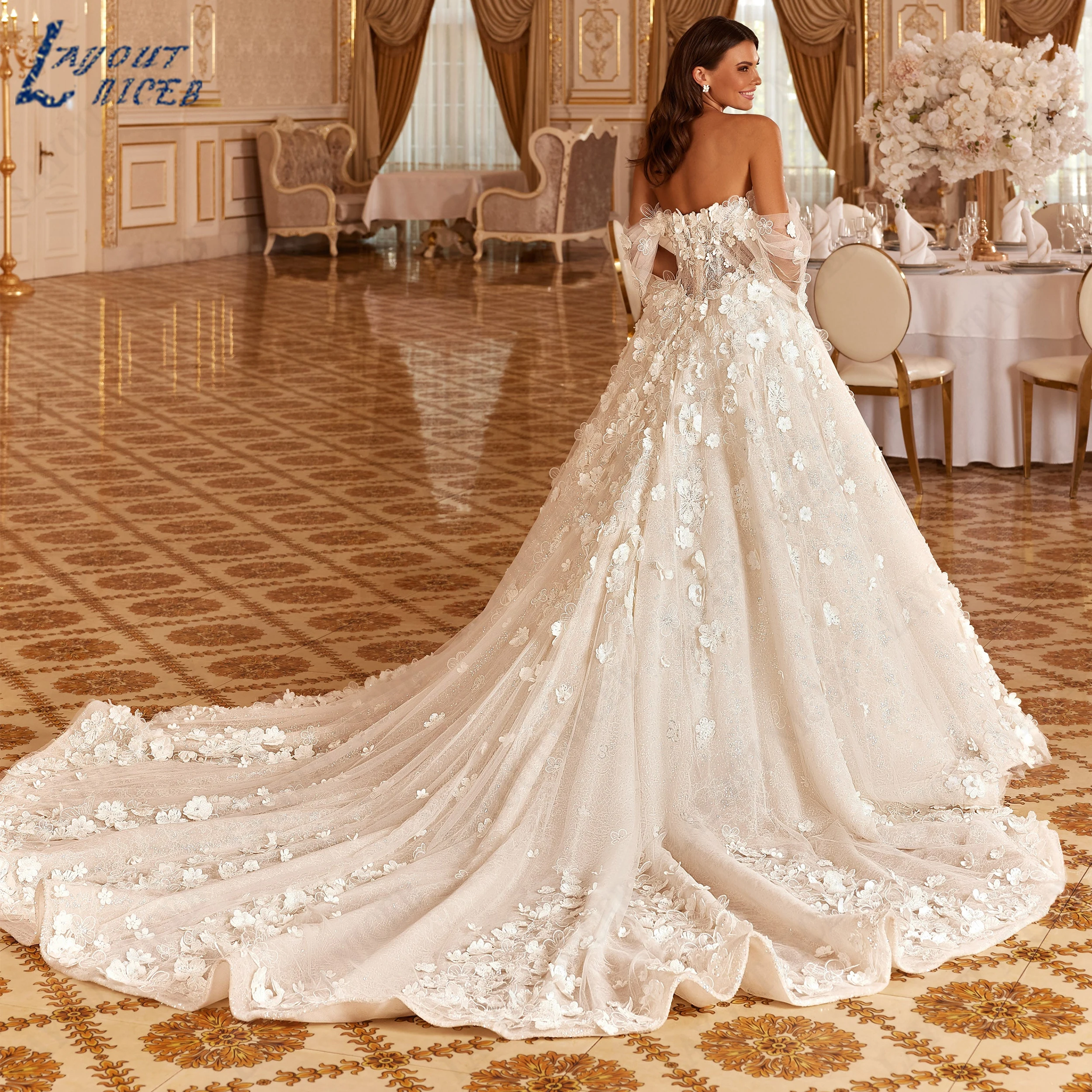 LAYOUT NICEB Customized A-Line Glitter Tulle Wedding Gown Off The Shoulder Bridal Gowns Boat Neck Applique Bride Dresses
