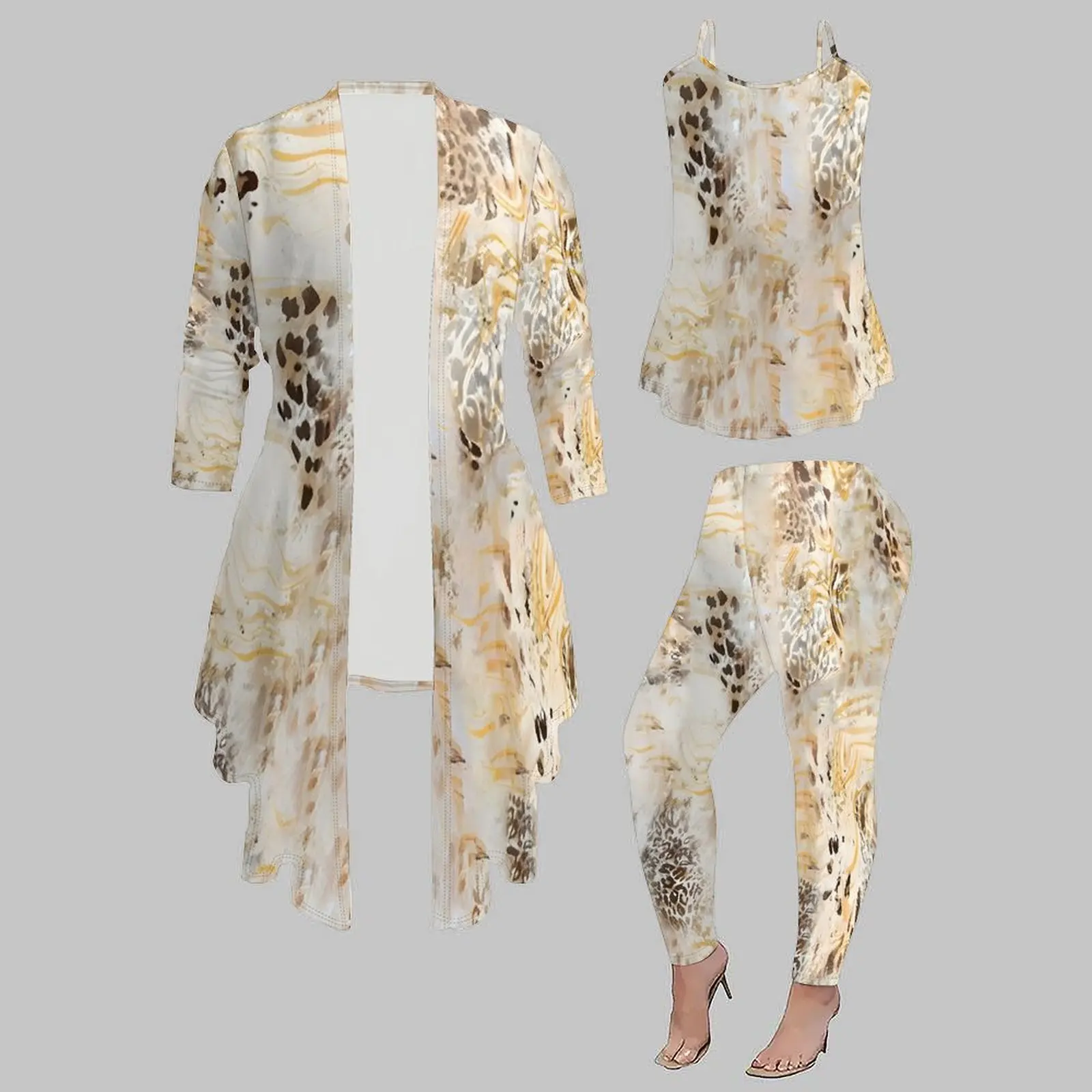 3pcs Sexy Camisole Daily Tight Pants Printed Coat Retro Top Temperament Sport Pants Elegant Three Piece Set