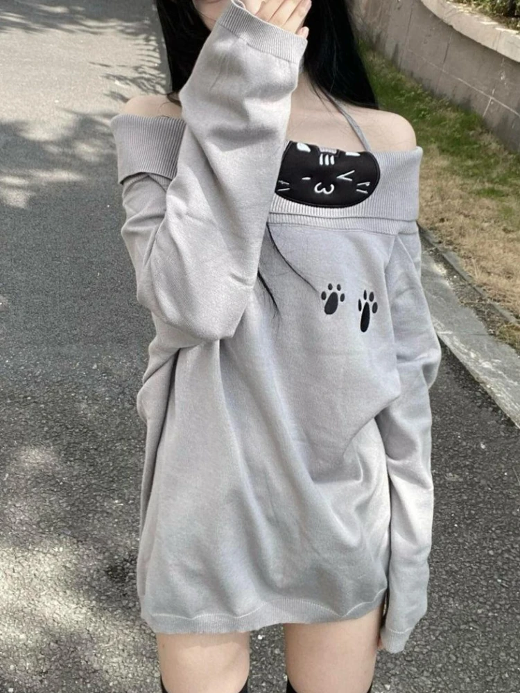 American Retro Soft Off-shoulder Kawaii T-shirt Women Cat Printed Design Halter Loose Y2k Top Harajuku Sweet Chic Fashion Outfit