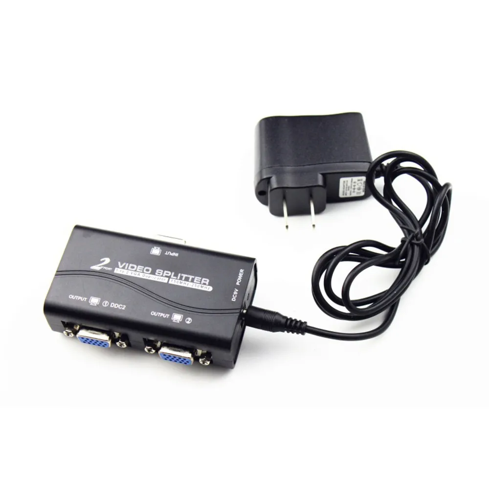 1 PC to 2 Monitor 2 Port VGA SVGA Video LCD Splitter Box Adapter w/ Power Cable