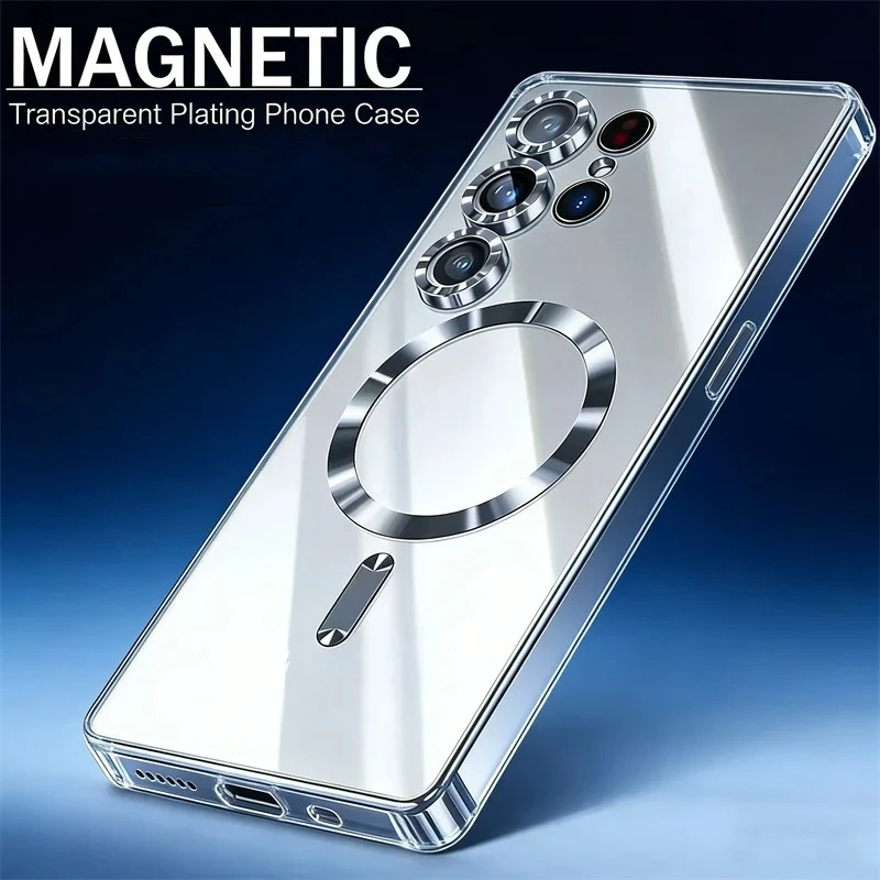 Luxury Transparent Plating Phone Case For Samsung S26 S25 S24 S23 Ultra S22 Plus S21 FE Lens Protection Wireless Charging Cover