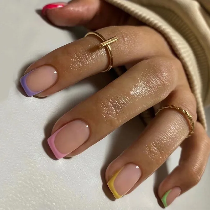 Roze Franse Vierkante Nail Art Draagbare Mode Eenvoudige Kleurrijke Nep Nagels Afneembare Afgewerkte Valse Nagels Druk Op Nagels Met Lijm