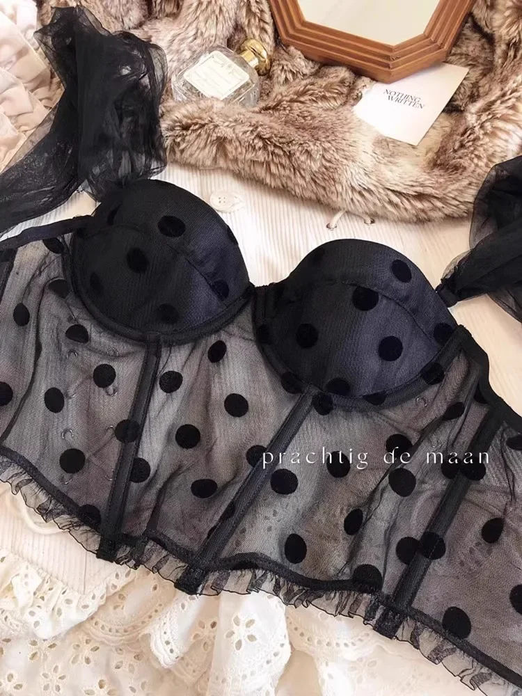 

YUQI French Polka Dot Bra - Sexy Half Cup Bralette | Fishbone Vest Style Soft Undergirdle Outerwear Lingerie