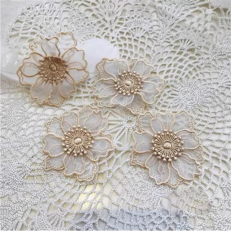 5Pcs Double Layer Lace Flower Applique Embroidered Patches Rpair For DIY Handmade Craft Wedding Dress Decoration 6.5CM Wide