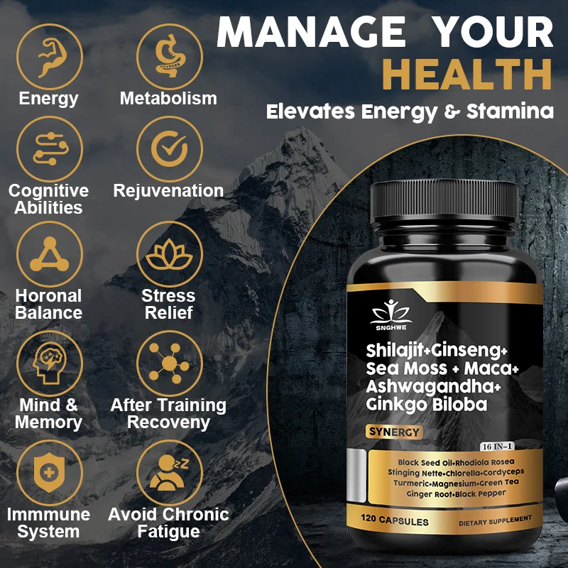 Shilajit Supplements Ginseng & Sea Moss & Ashwagandha & Ginkgo Biloba, Adaptive Energy Endurance Immune Antioxidants Gut Health