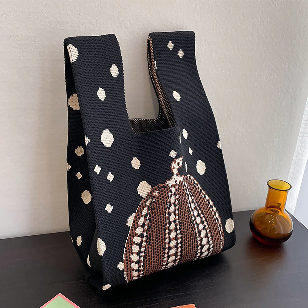 Bolso de mano de punto hecho a mano para mujer, Mini bolso de muñeca con nudo, bolso de mano informal a cuadros de rayas anchas, bolso de compras reutilizable para estudiantes