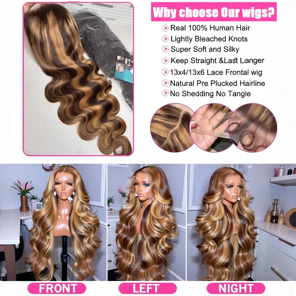 30 Inch Honey Blonde Ombre Lace Front Wig Human Hair 13x4 HD Lace Front Wig 4/27 Highlight Ombre Body Wave Lace Frontal Glueless image 6