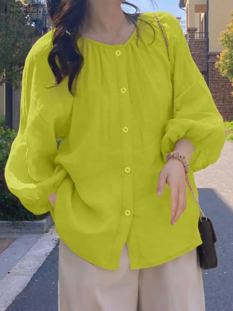 بلوزات نسائية غير رسمية بأكمام واسعة من ZANZEA لخريف 2025 برقبة دائرية وأزرار حتى بلون سادة قمصان فضفاضة موضة الدوبامين الكورية